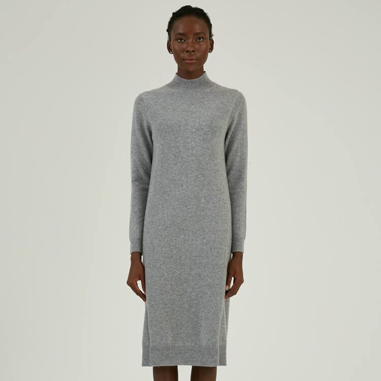 Maßgeschneidertes Damen-Midi-Strickpullover-Kleid mit halbem Rollkragen aus Wolle