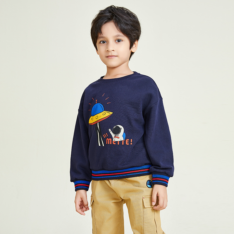 Jungen-Sweatshirt mit Rundhalsausschnitt, langen Ärmeln, gestreiftem Patchwork-Saum