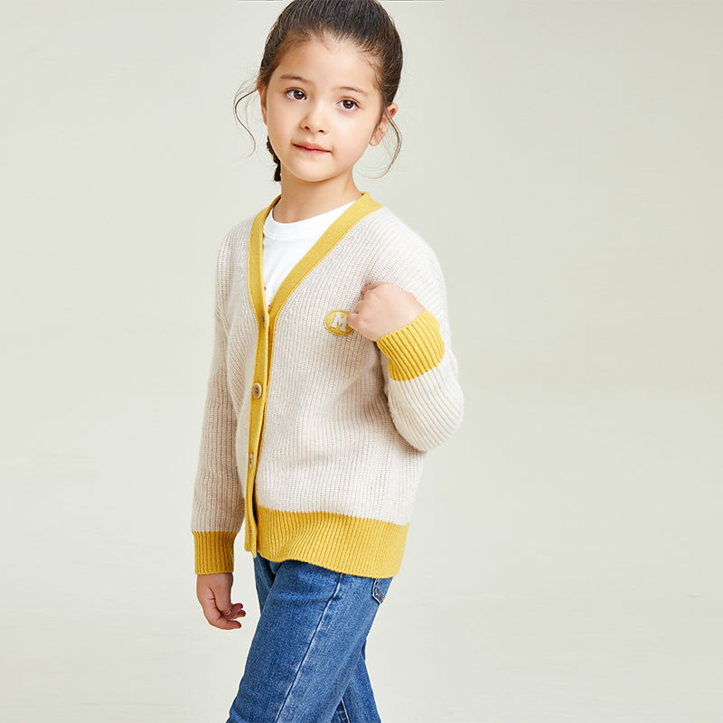 Gelbe Kontrastnähte Strickjacke mit V-Ausschnitt und langen Ärmeln für Mädchen