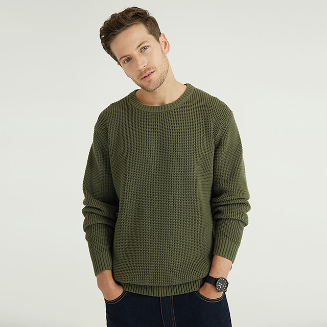 Grüner, langärmliger, klassischer Strickpullover für Herren