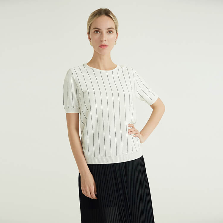 Frühlings- und Sommer-Weiß-Halbarm-Nadelstreifen-Wollpullover-Pullover für Frauen