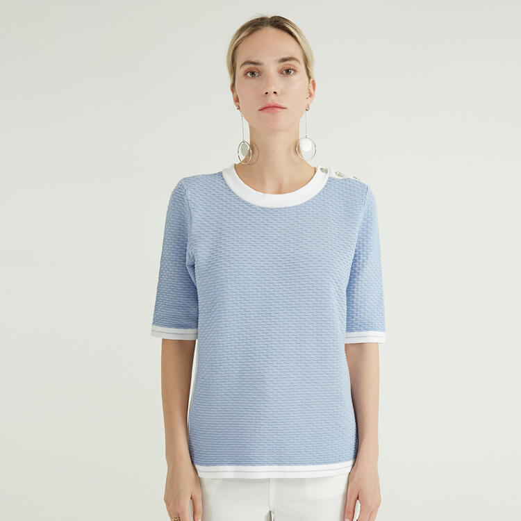 Rundhals-Halbarm-Hellblau-Strick-Wollpullover für Frauen