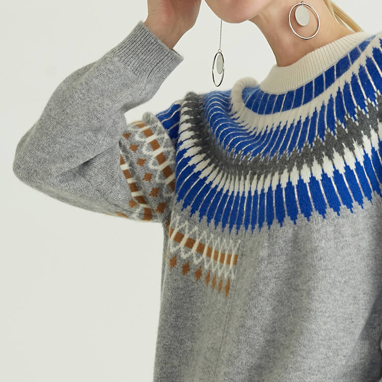 Langärmliger Kaschmir-Designer-Export-Damenpullover im isländischen Stil mit Rundhalsausschnitt