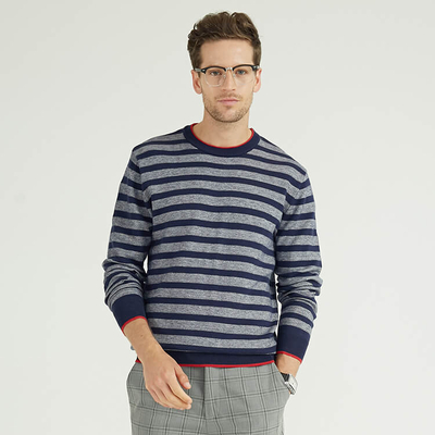Gestreifter Patchwork-Rundhalsausschnitt mit langen Ärmeln aus Strickwolle für Herren