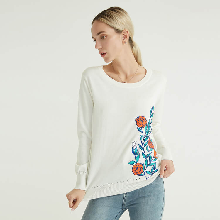 Einfarbiger Druck Einfacher Pendler-Pullover aus Baumwolle für Frauen