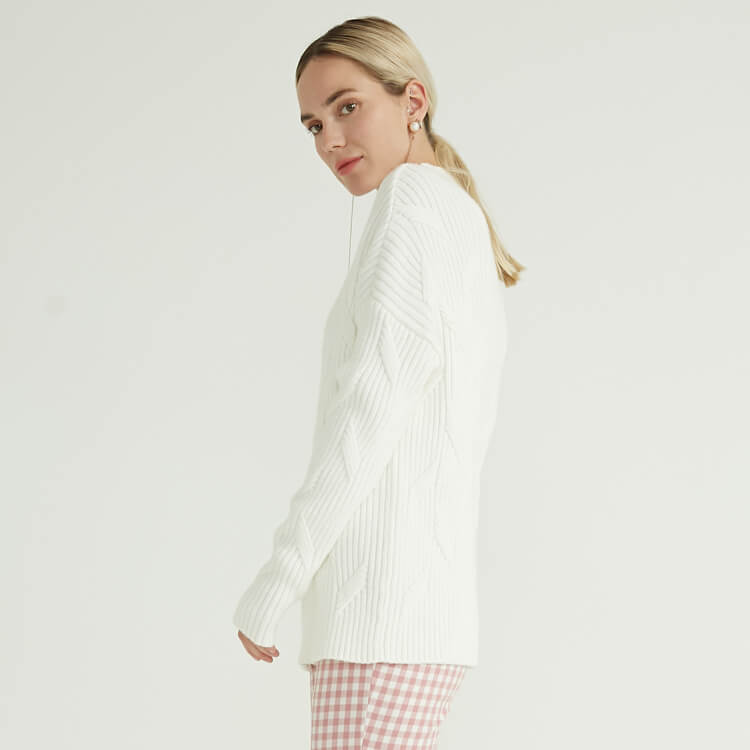 Factory White Long Sleeve High Collar Rib Chunky Damen Pullover für Frauen