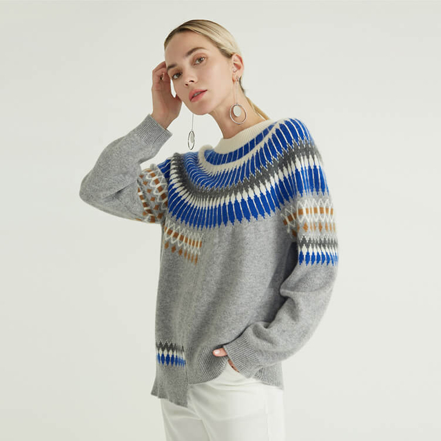Langärmliger Kaschmir-Designer-Export-Damenpullover mit Rundhalsausschnitt im isländischen Stil