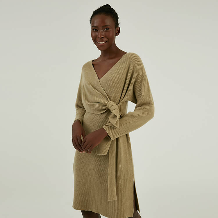 Benutzerdefinierte Herbst Winter 100 % Merinowolle Midi Wickelstrick Pullover Kleid mit Gürtel