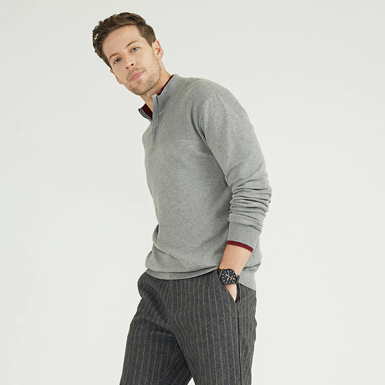 Pullover mit 1/4-Reißverschluss, gestrickt, einfache Kontrastfarbe, langärmliger Herrenpullover